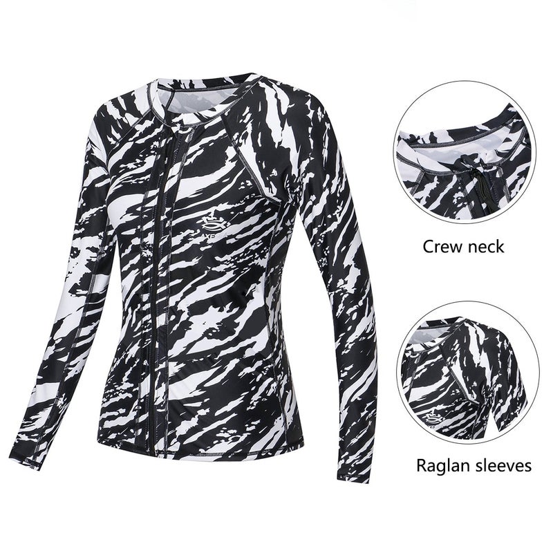 AXESEA Women Long Sleeve Rash Guard UPF 50+ UV Sun Protection Zip Front Swimsuit Shirt Printed Surfing Shirt Top,Black,US 8 - Image 5